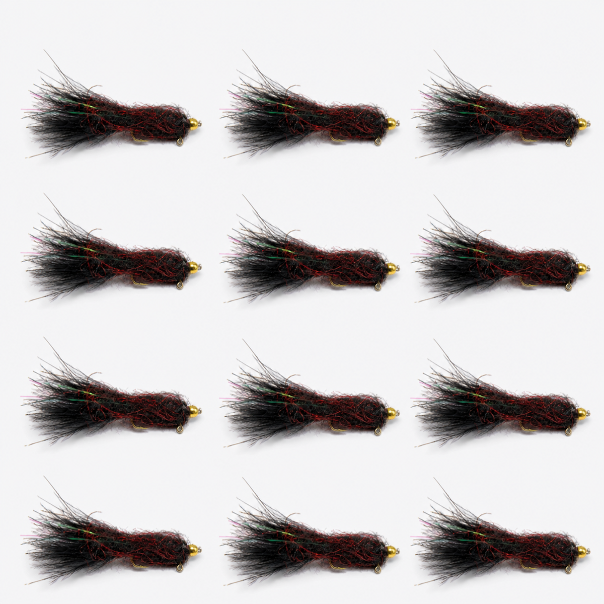 12 Pack Balanced Leech — 12 flies, balanced red pack layout