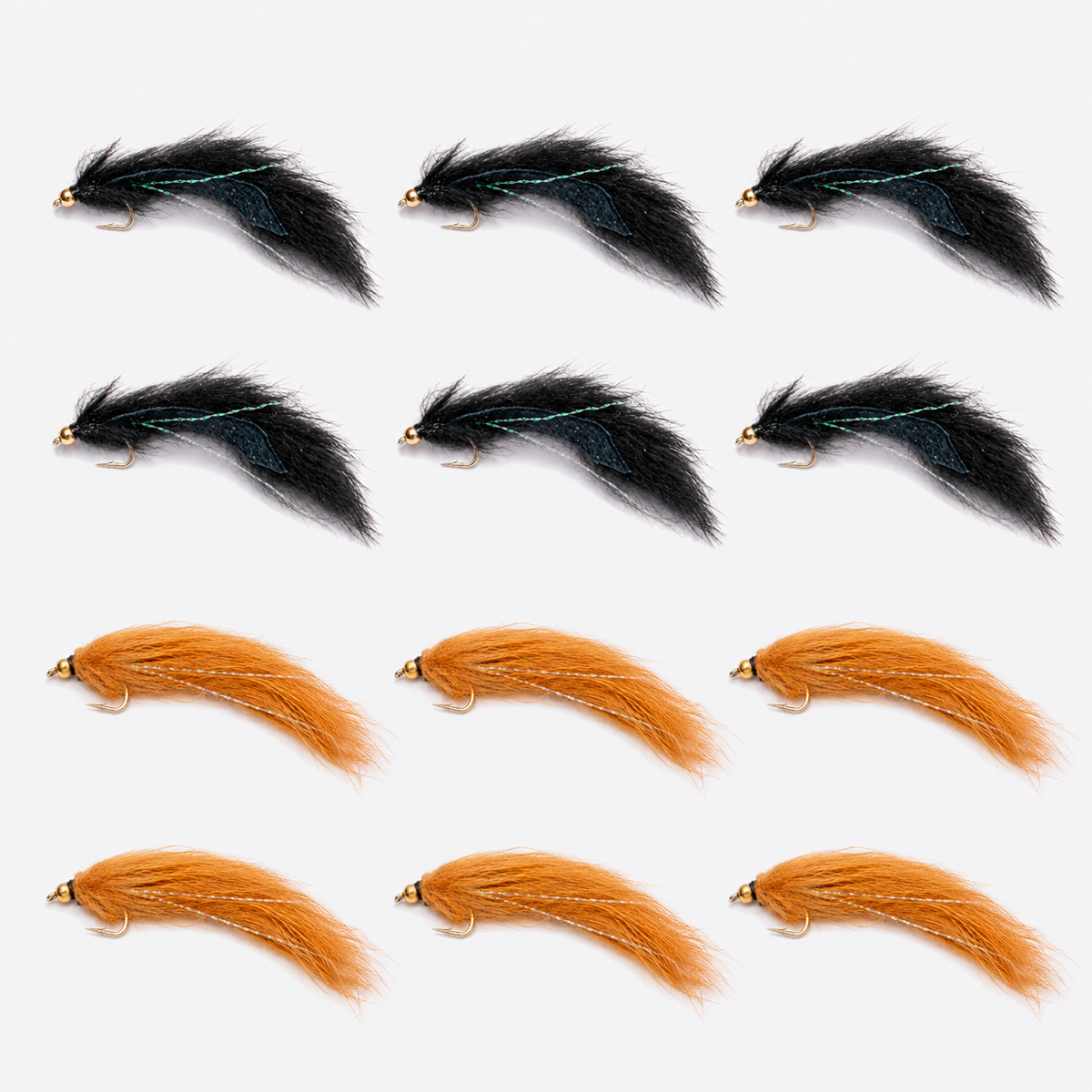 12 Pack Pine Squirrel Leech — 12 flies, pine black brown pack layout