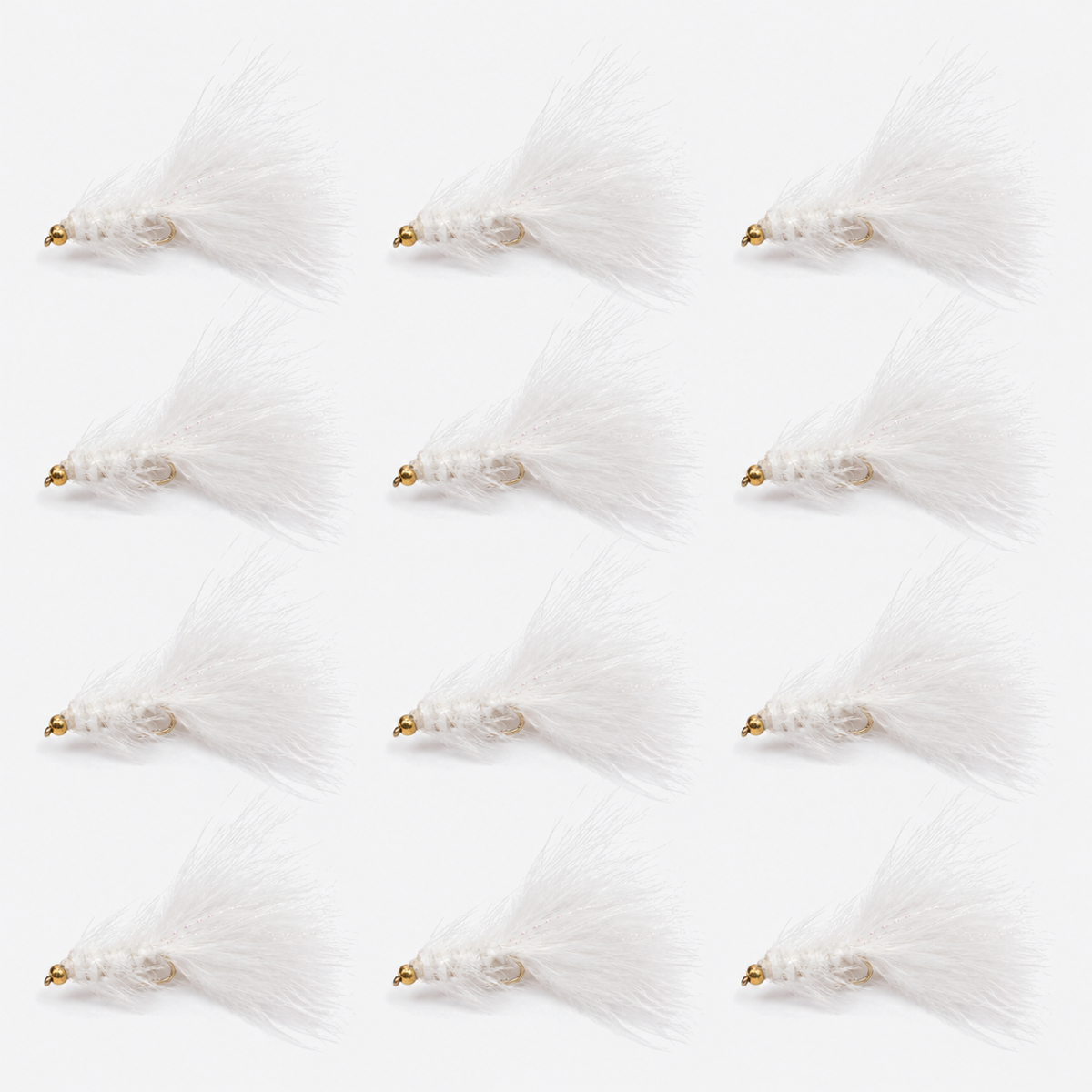 12 Pack Woolly Bugger — 12 flies, woolly white pack layout