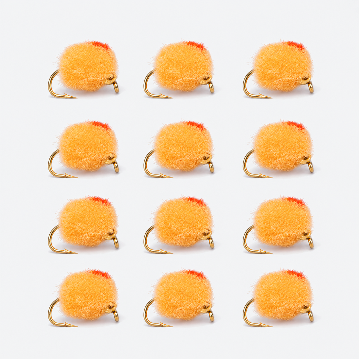 Glo Bug — 12 flies, glo orange pack layout