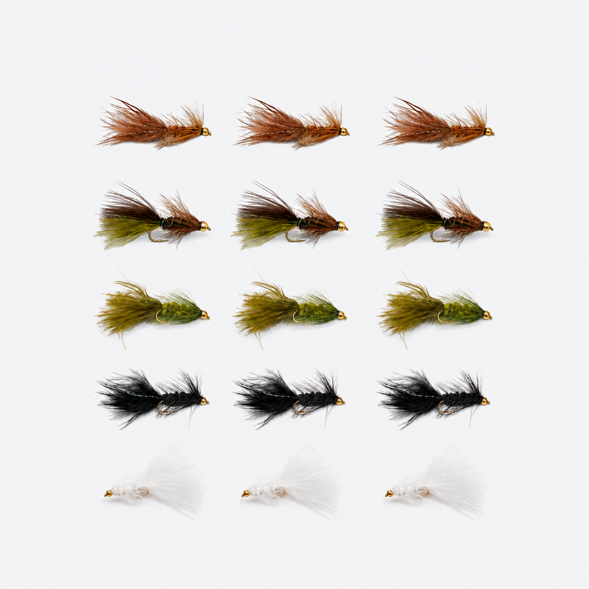 15-fly Woolly Bugger assortment — three each in brown, Thin Mint, olive, black and white