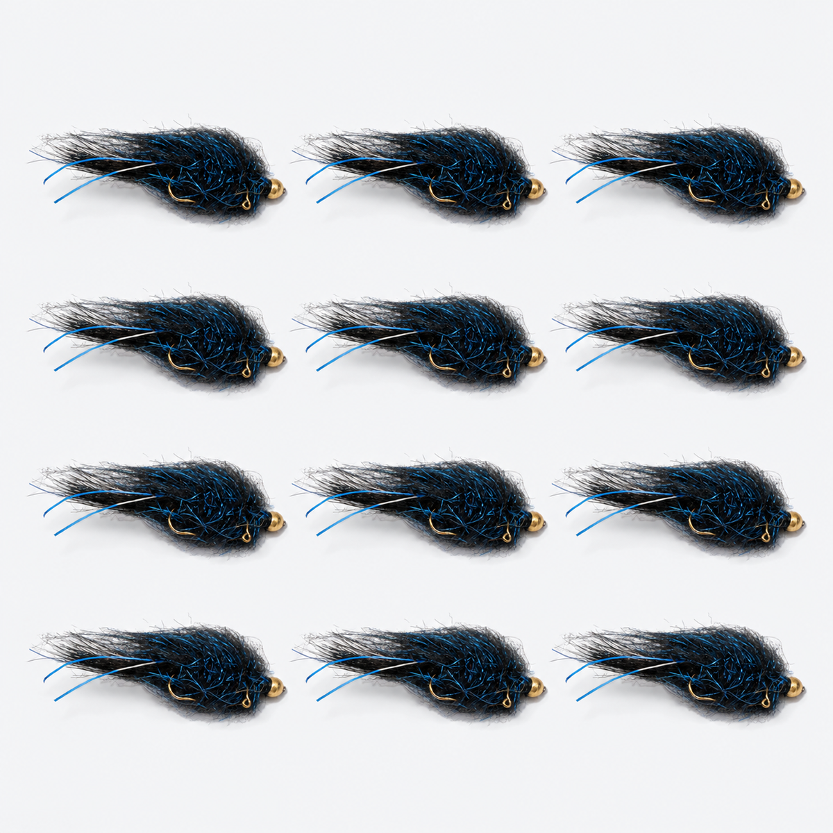 12 Pack Balanced Leech — 12 flies, balanced blue pack layout