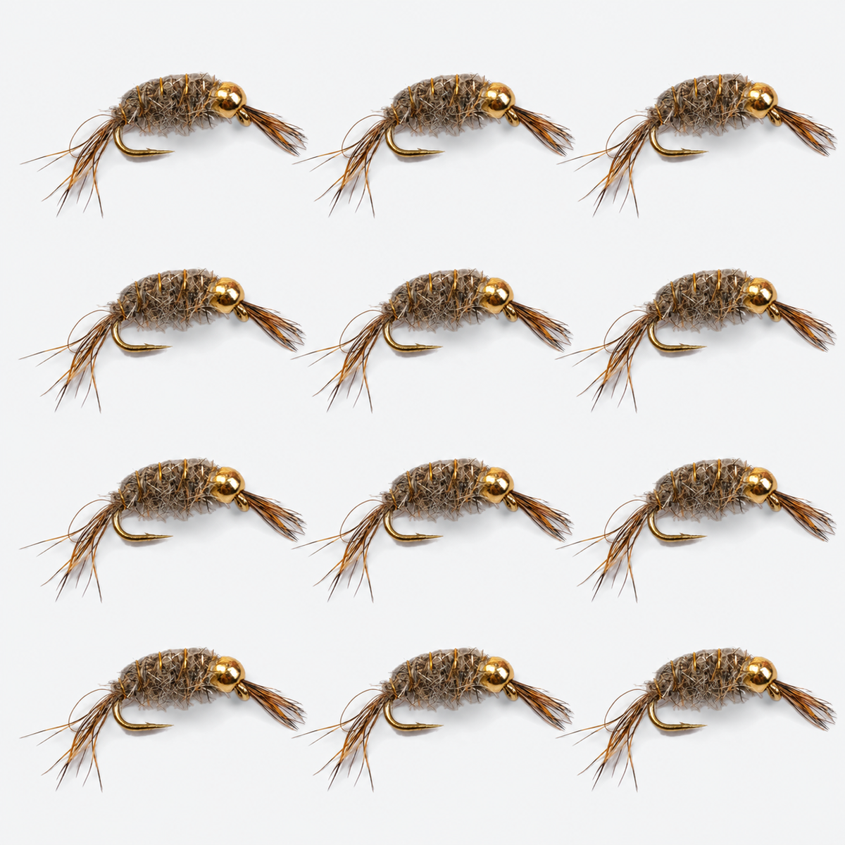 12 Pack Bead Head Scud — 12 flies, scud gray pack layout