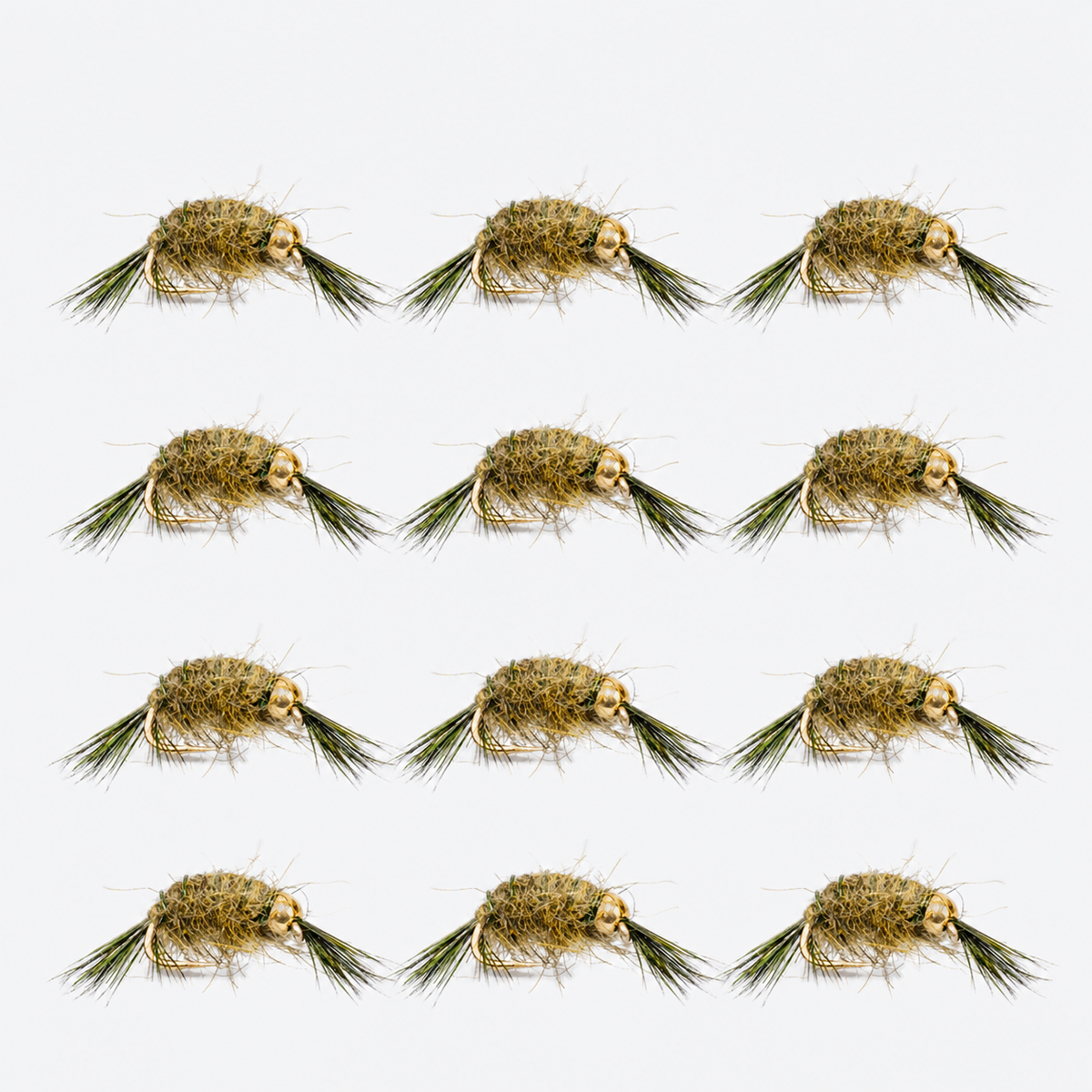 12 Pack Bead Head Scud — 12 flies, scud olive pack layout