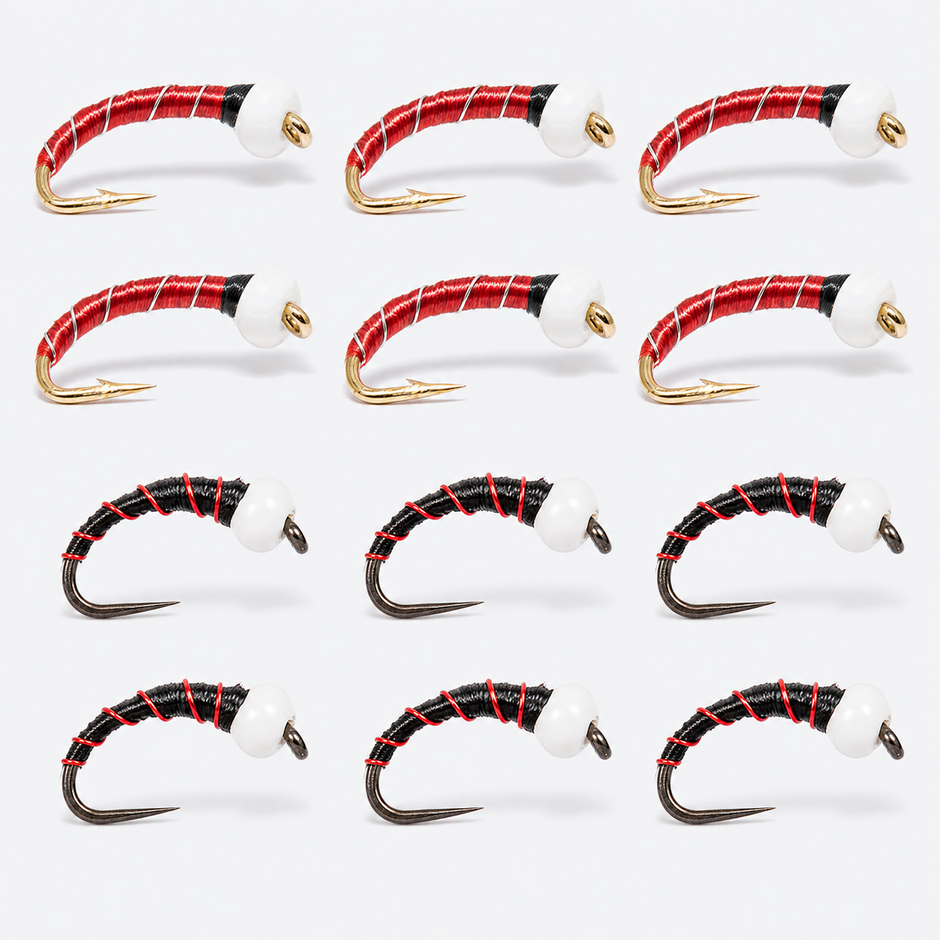 12-Pack Chironomid Assortment — assorted pattern, 12 flies in a full square grid