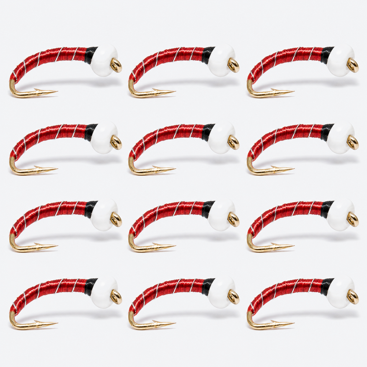 12-Pack Chironomid Assortment — ice pattern, 12 flies in a full square grid