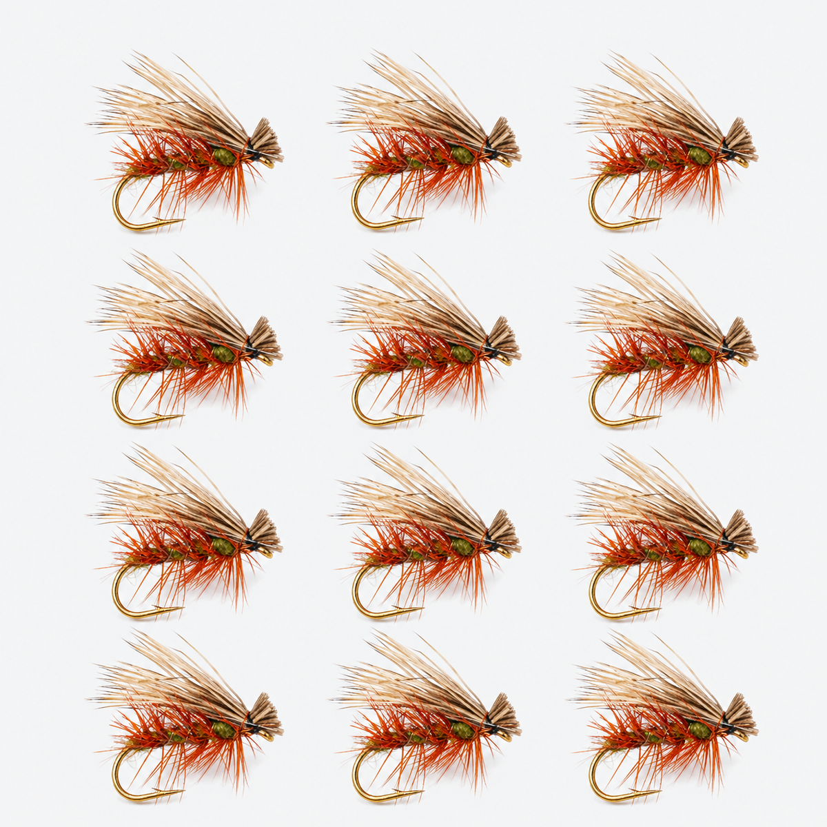 12 Pack Elk Hair Caddis — 12 flies, elk olive pack layout