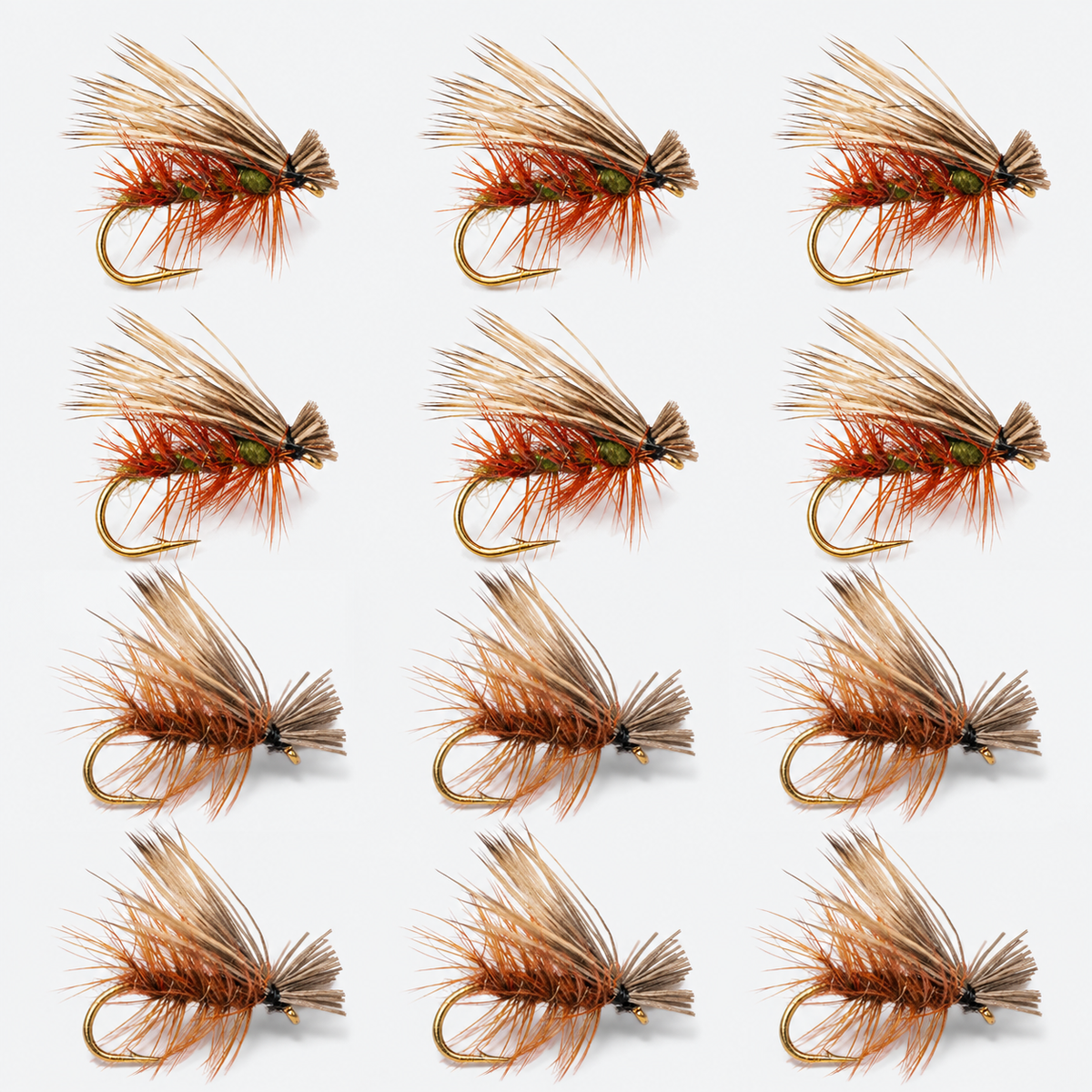 12 Pack Elk Hair Caddis — 12 flies, elk12 pack layout