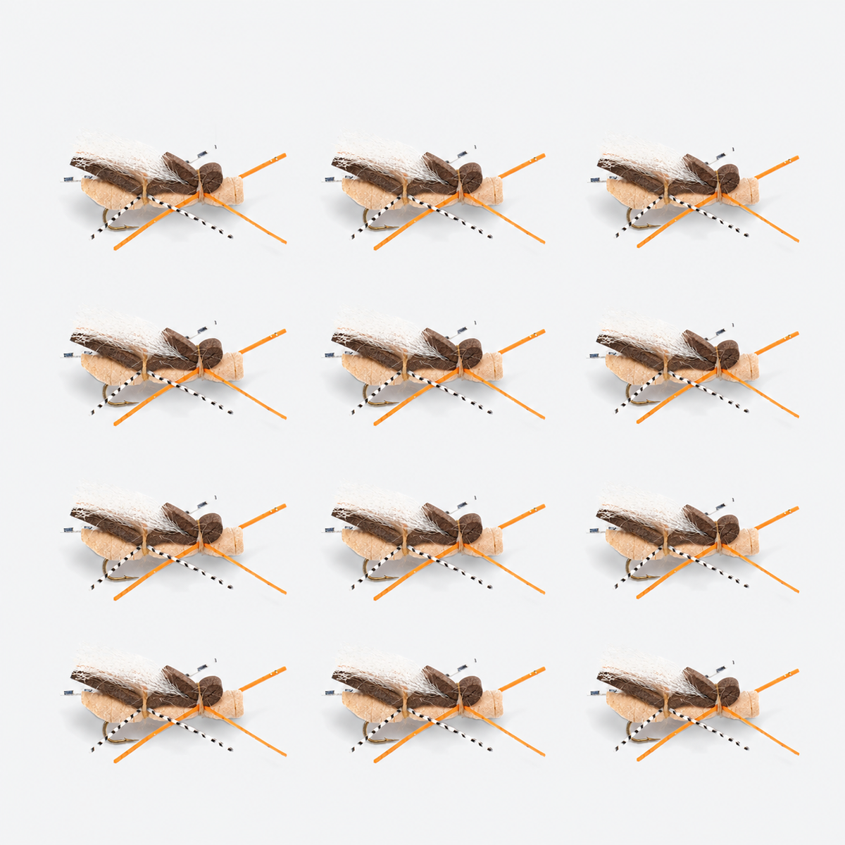 12 Pack Hopper Assortment — 12 flies, hopper foam pack layout