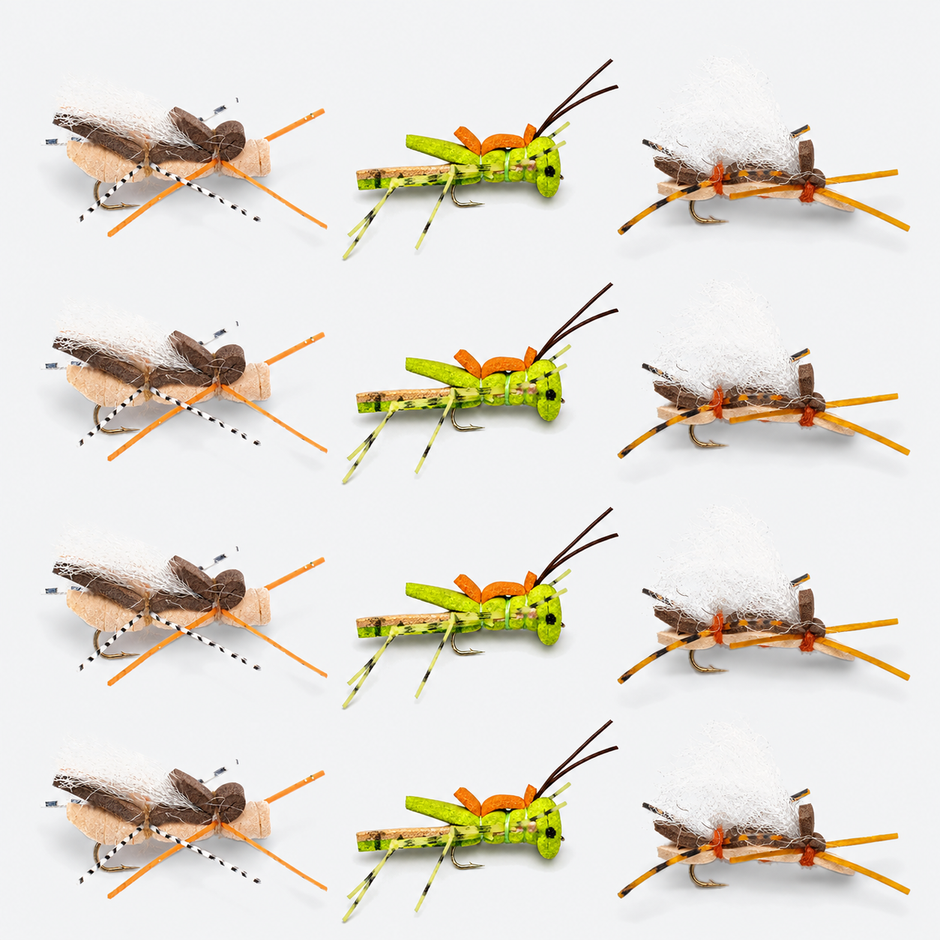 12 Pack Hopper Assortment — 12 flies, hopper12 pack layout