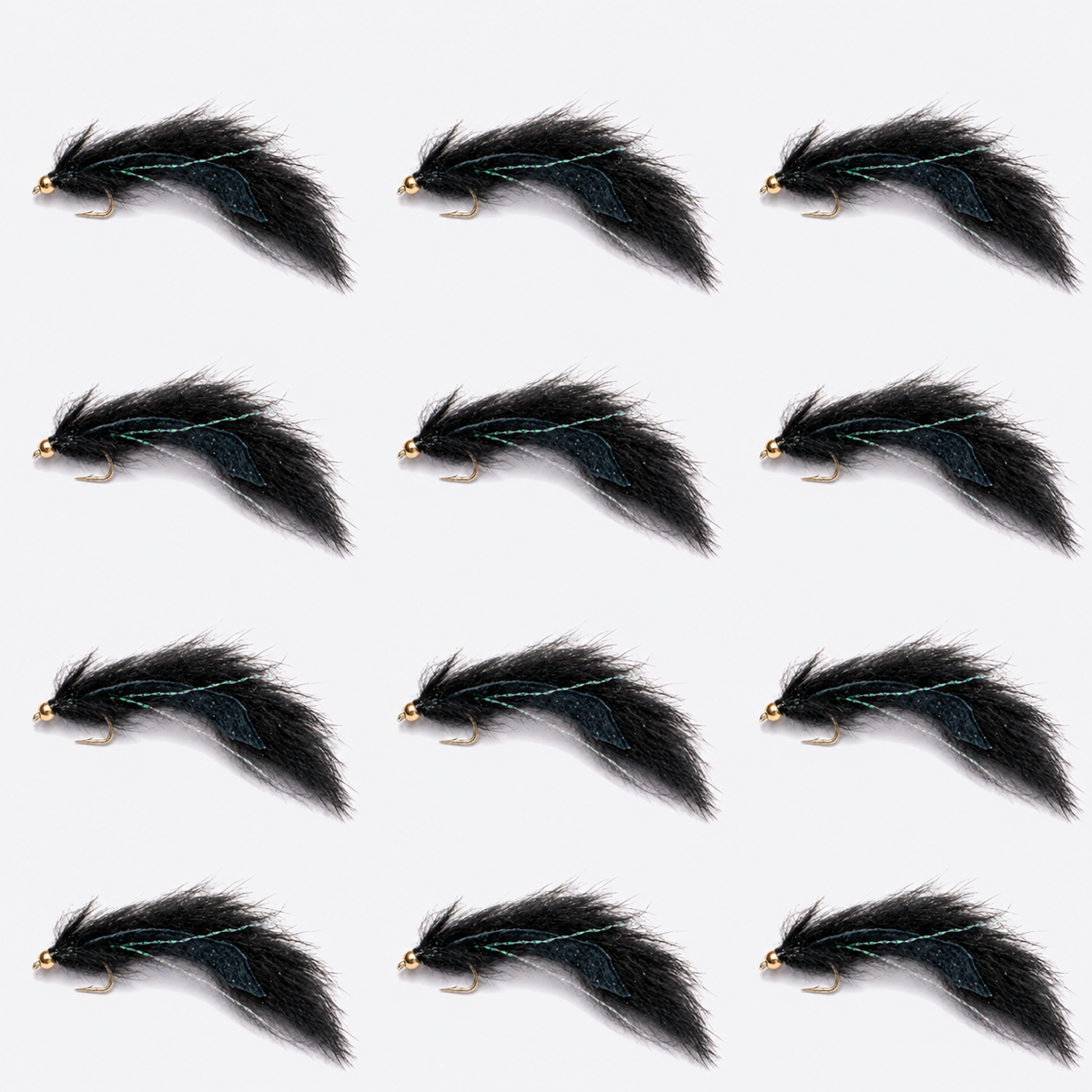 12 Pack Pine Squirrel Leech — 12 flies, pine black pack layout