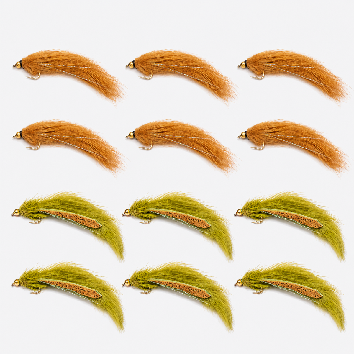 12 Pack Pine Squirrel Leech — 12 flies, pine brown olive pack layout