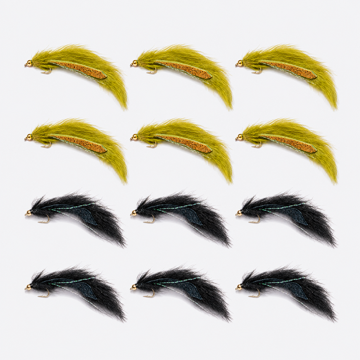12 Pack Pine Squirrel Leech — 12 flies, pine olive black pack layout