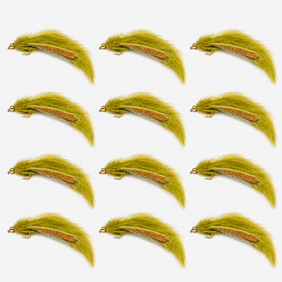 12 Pack Pine Squirrel Leech — 12 flies, pine olive pack layout