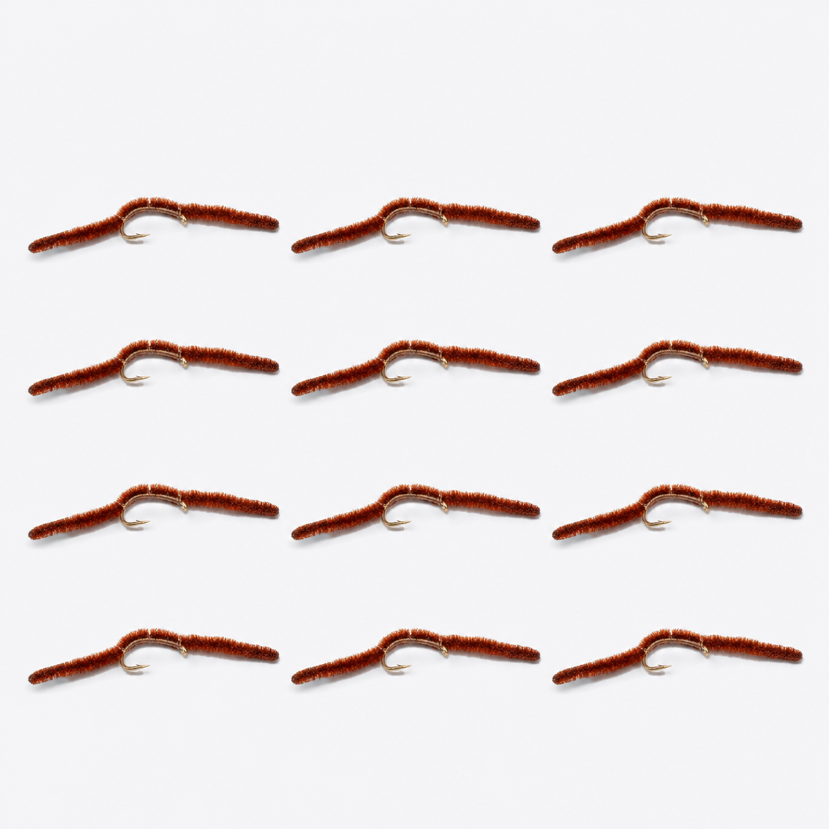 12 Pack San Juan Worm — 12 flies, sanjuan brown pack layout