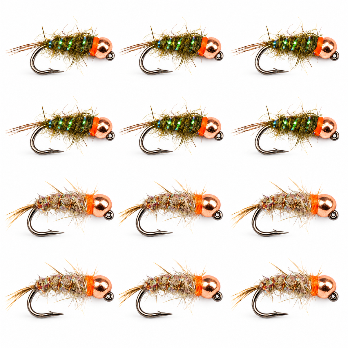 12-Pack Sexy Walt's Worm — six olive and six natural flies, equal-size pack, large close-up layout