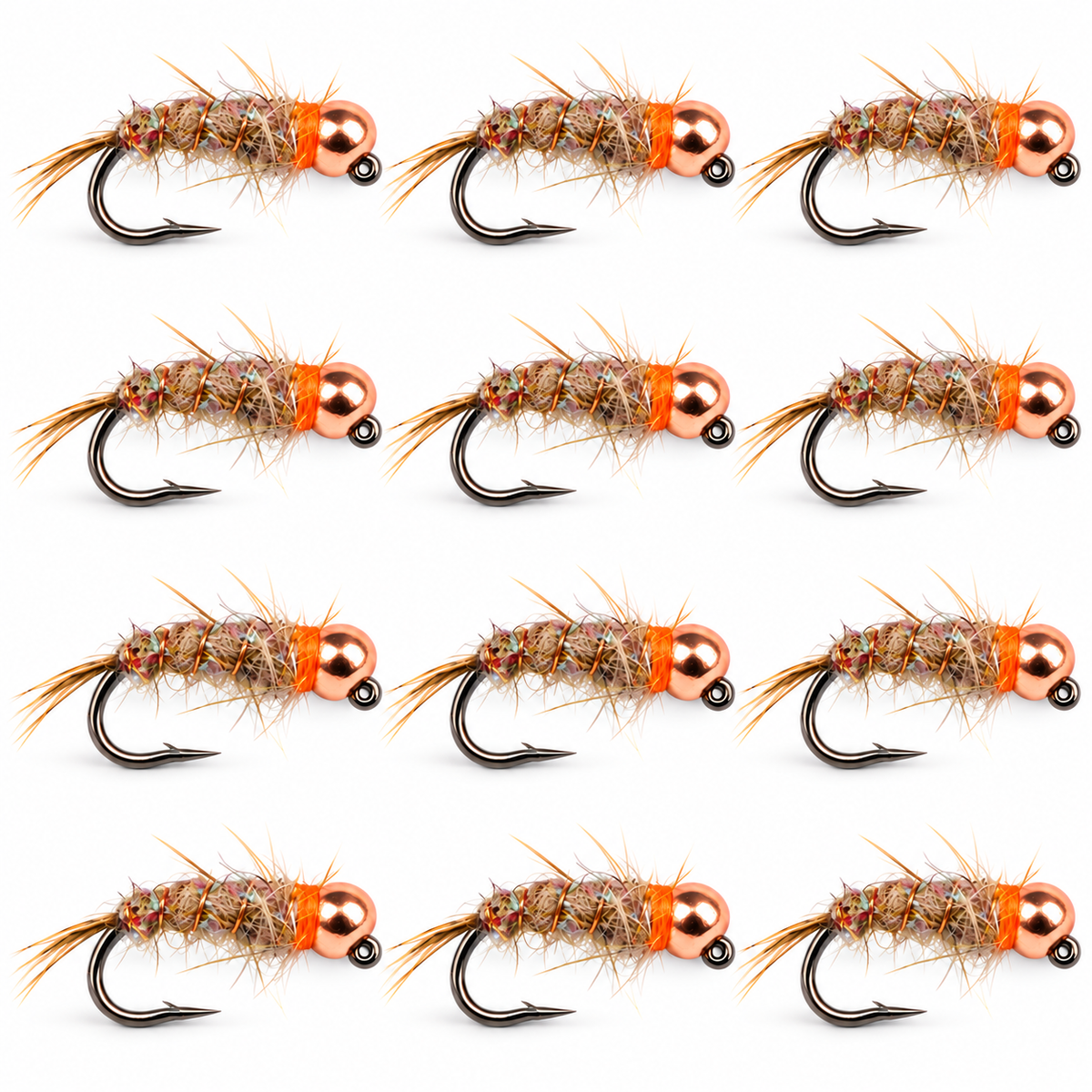 12-Pack Sexy Walt's Worm — twelve natural flies, equal-size pack, large close-up layout