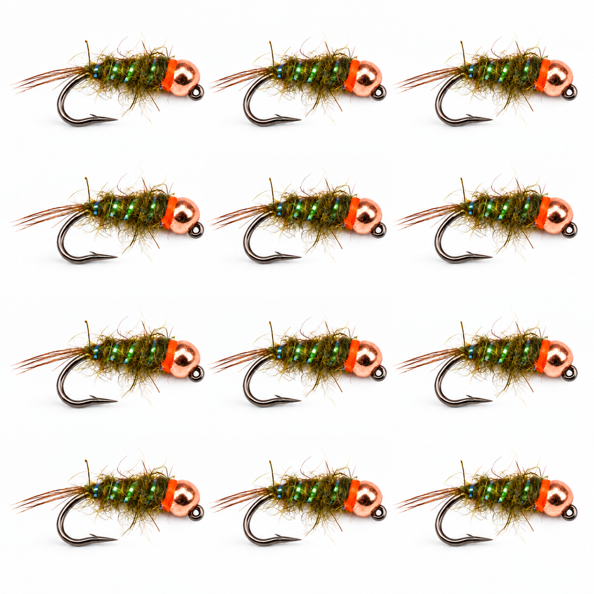 12-Pack Sexy Walt's Worm — twelve olive flies, equal-size pack, large close-up layout