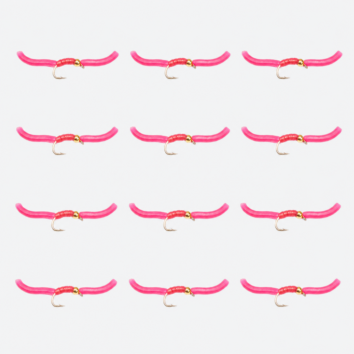 12 Pack Squirmy Worm — 12 flies, squirmy pink pack layout
