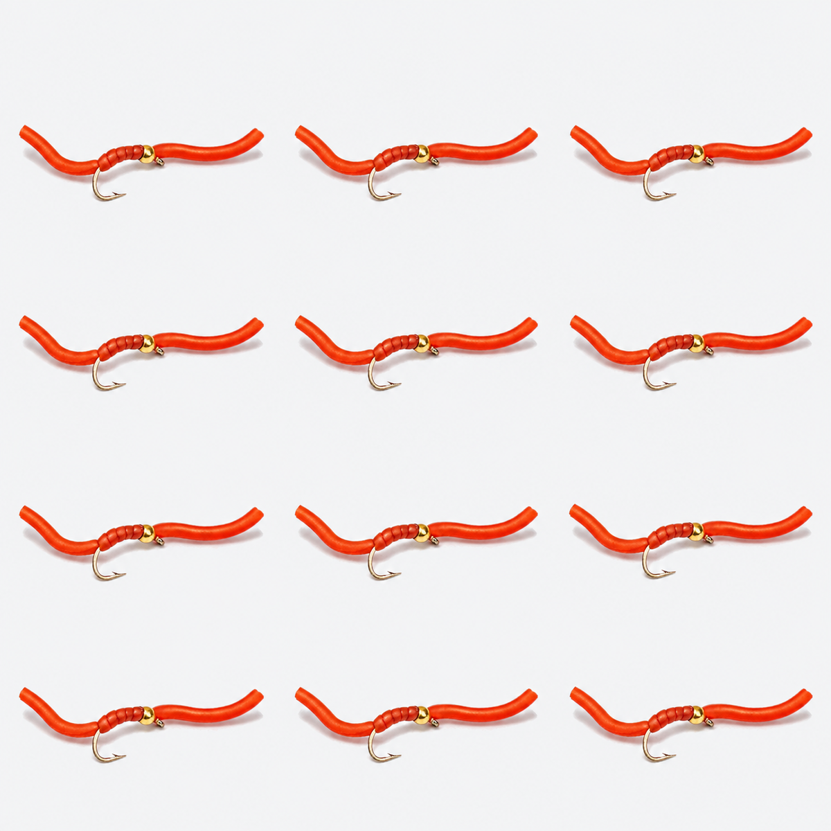 12 Pack Squirmy Worm — 12 flies, squirmy red pack layout