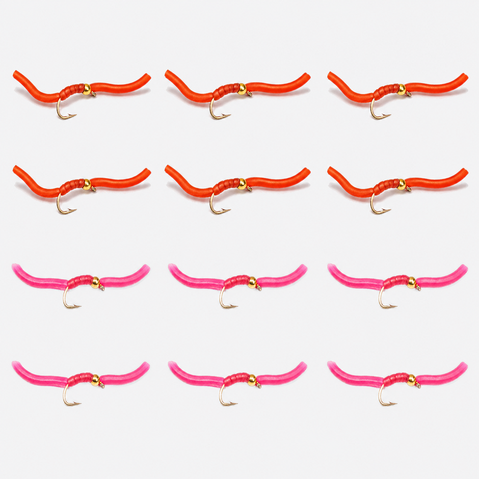 12 Pack Squirmy Worm — 12 flies, squirmy12 pack layout