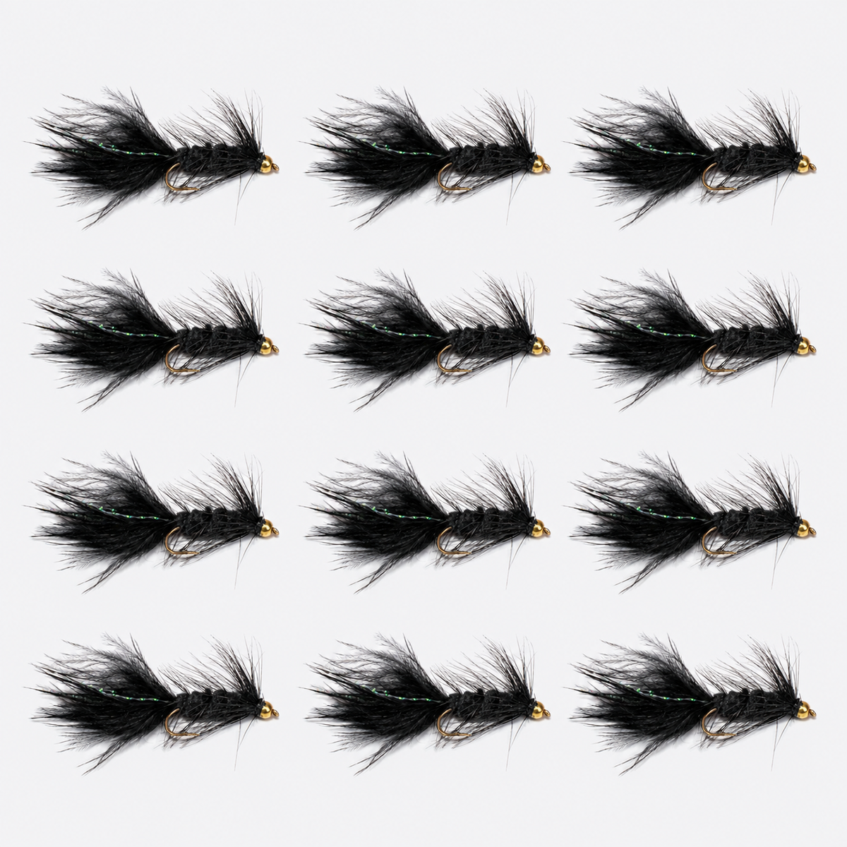 12 Pack Woolly Bugger — 12 flies, woolly black pack layout