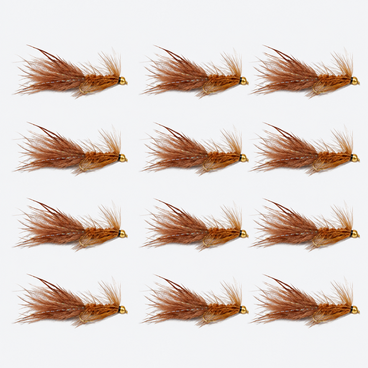 12 Pack Woolly Bugger — 12 flies, woolly brown pack layout