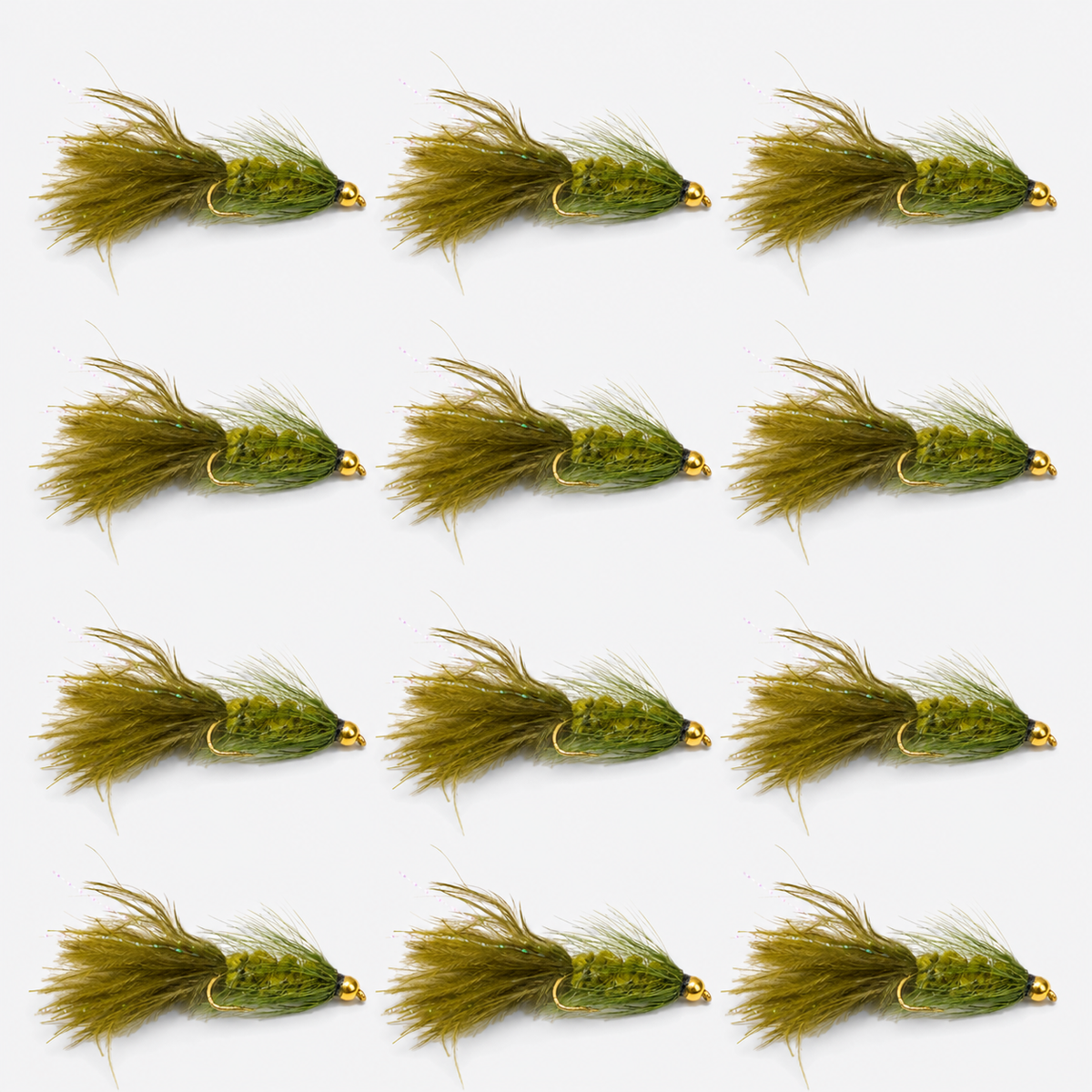 12 Pack Woolly Bugger — 12 flies, woolly olive pack layout