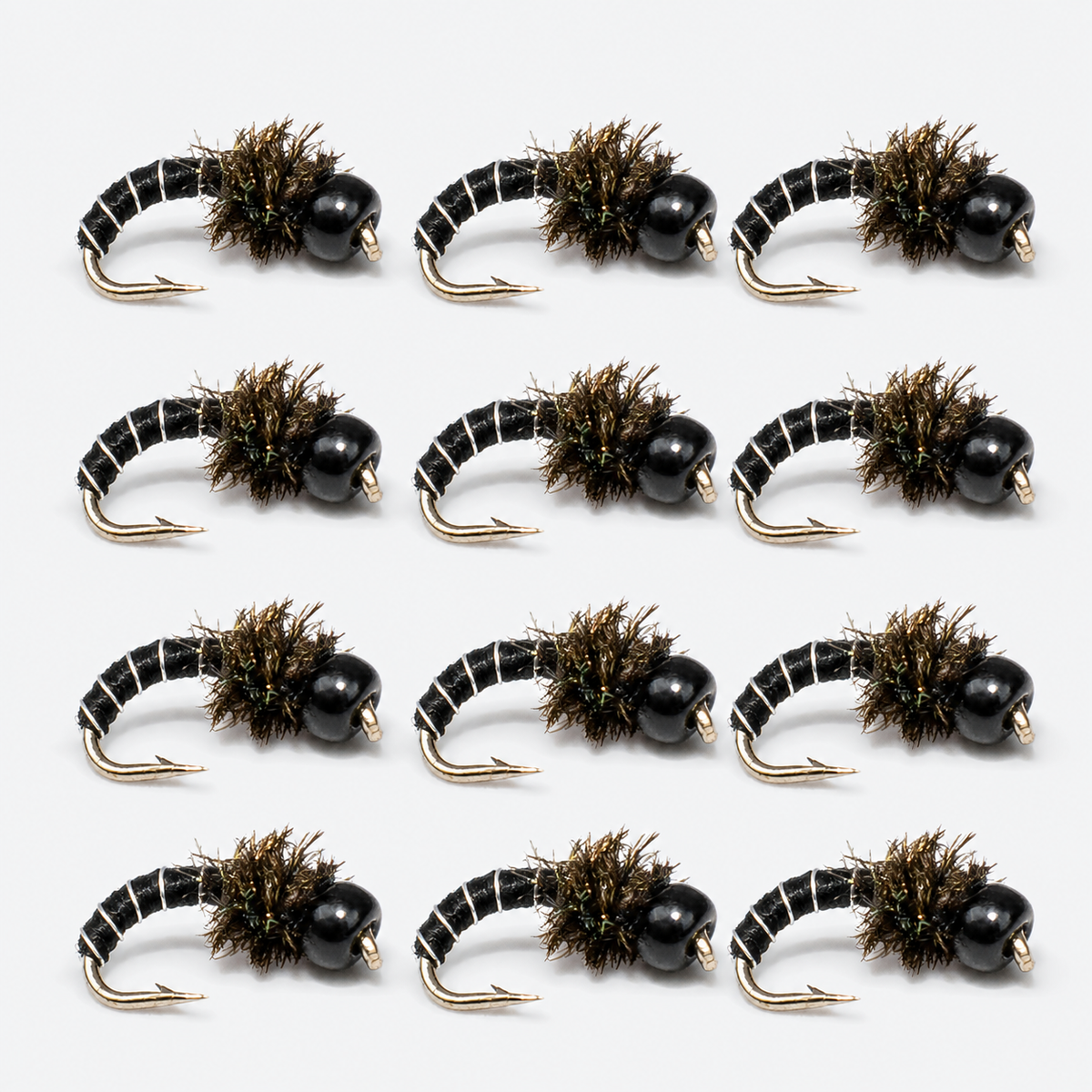 12 Pack Zebra Midge — 12 flies, zebra black pack layout