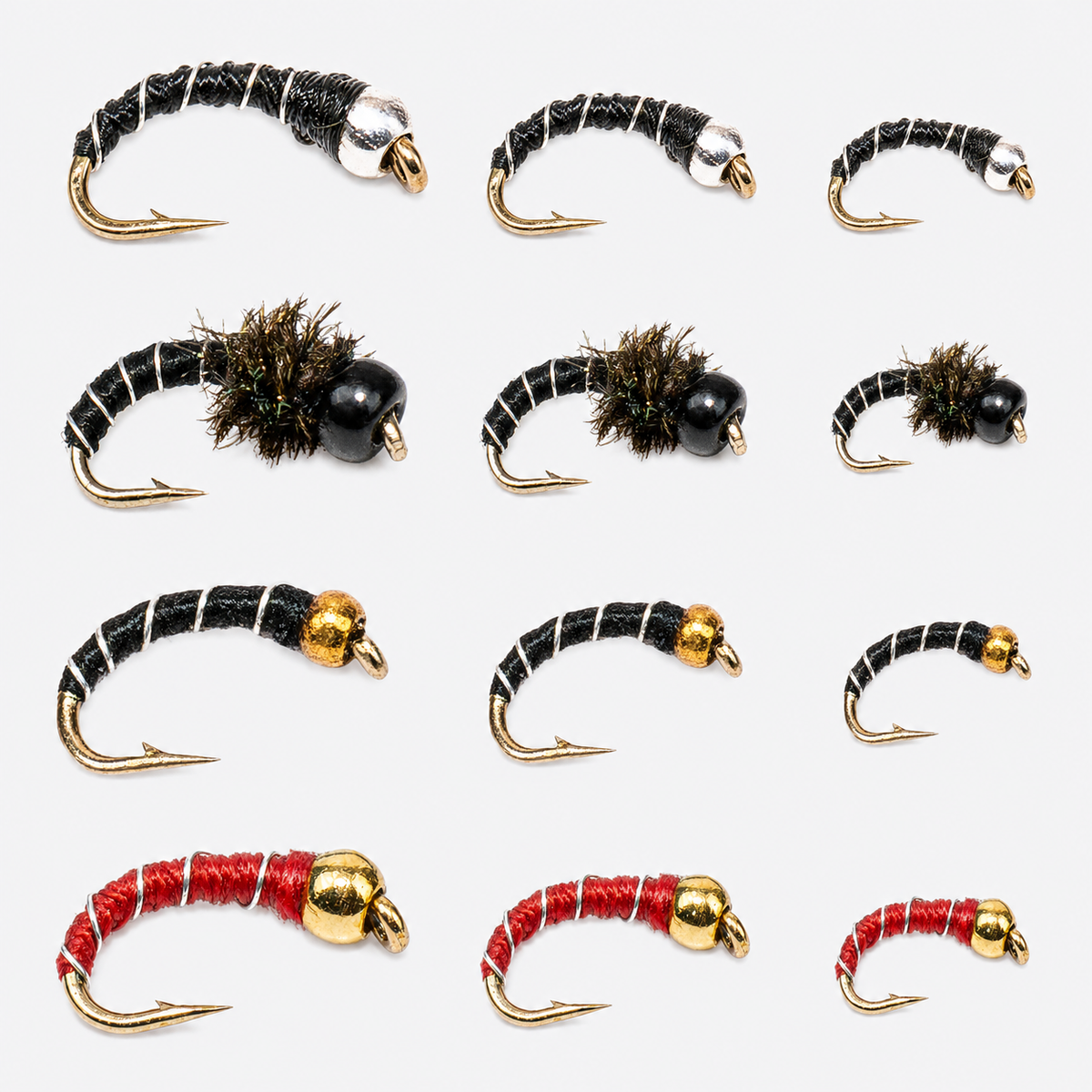 12-Pack Zebra Midge — assorted flies graded large to small across each row