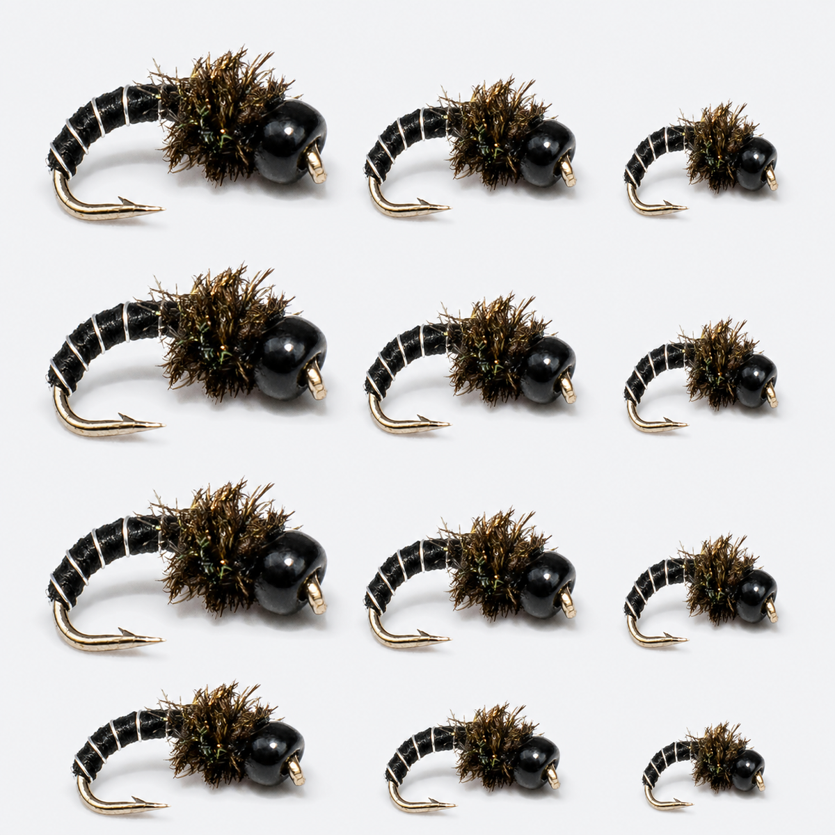 12-Pack Zebra Midge — black flies graded large to small across each row
