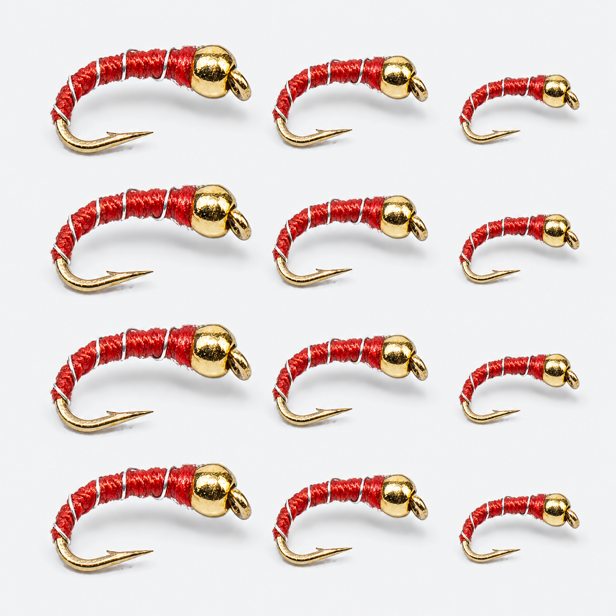 12-Pack Zebra Midge — red flies graded large to small across each row