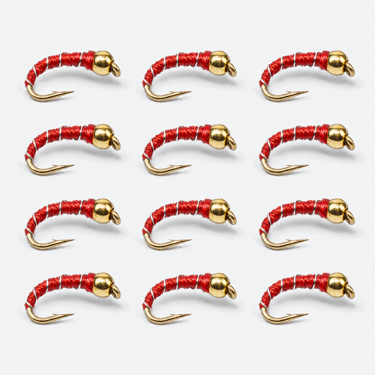 12 Pack Zebra Midge — 12 flies, zebra red pack layout