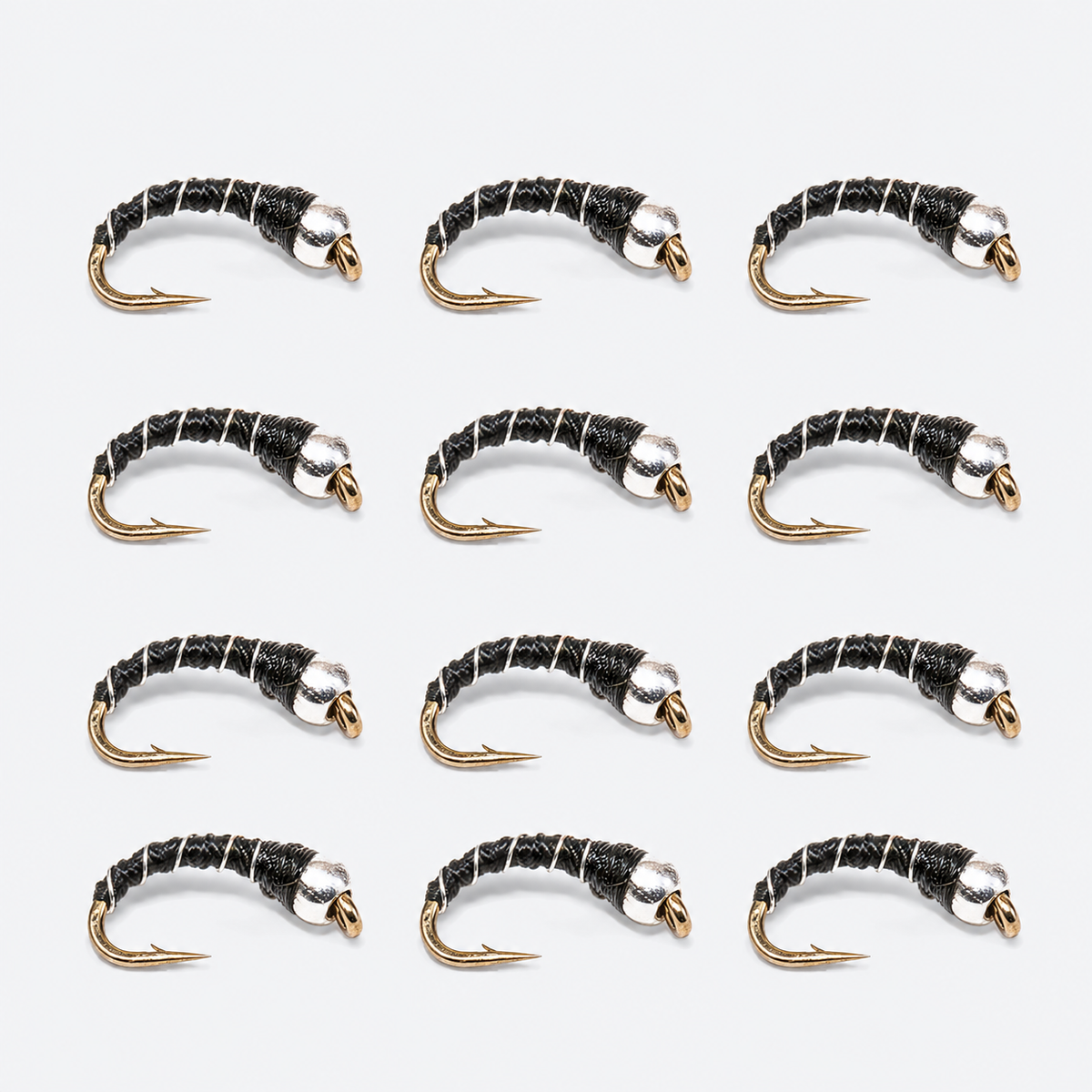 12 Pack Zebra Midge — 12 flies, zebra silver black pack layout