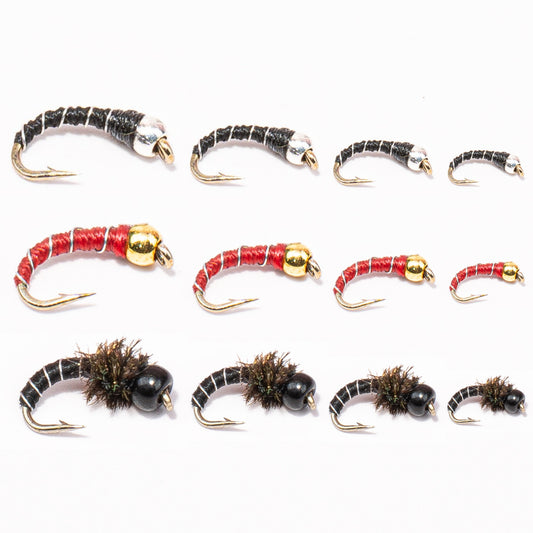 Zebra Midge 12 Pack – Red, Black, Silver/Black
