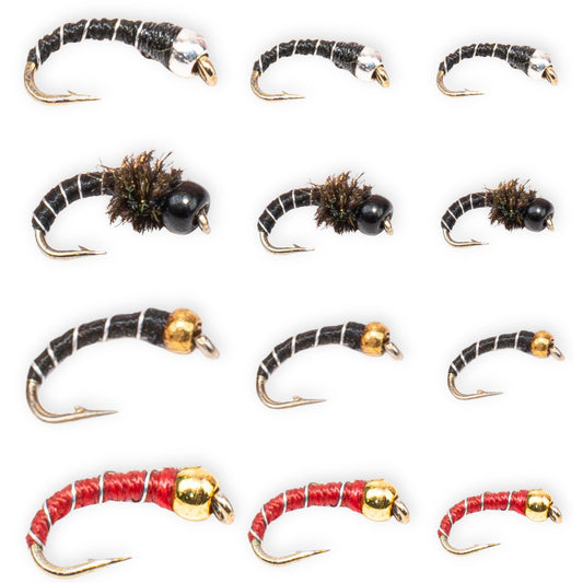 12-Pack Zebra Midge Nymph Flies (Assorted Sizes) for Trout