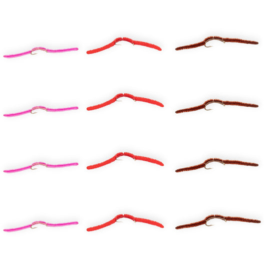 12-Pack San Juan Worm Flies – Assorted Trout Worm Patterns
