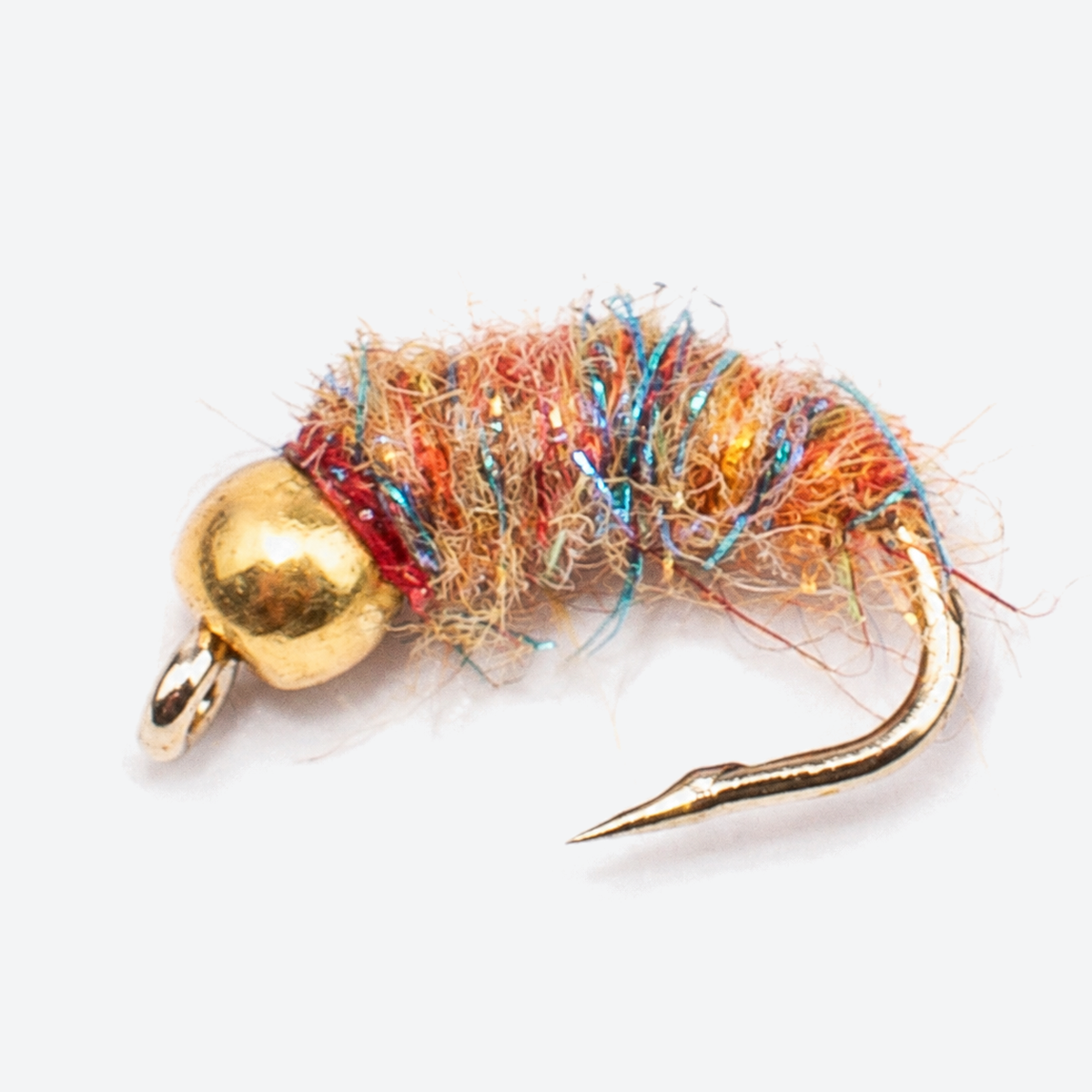 Bead head sow bug fly on a pale studio background