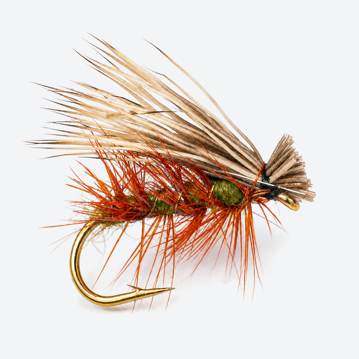 Elk hair caddis brown fly on a pale studio background