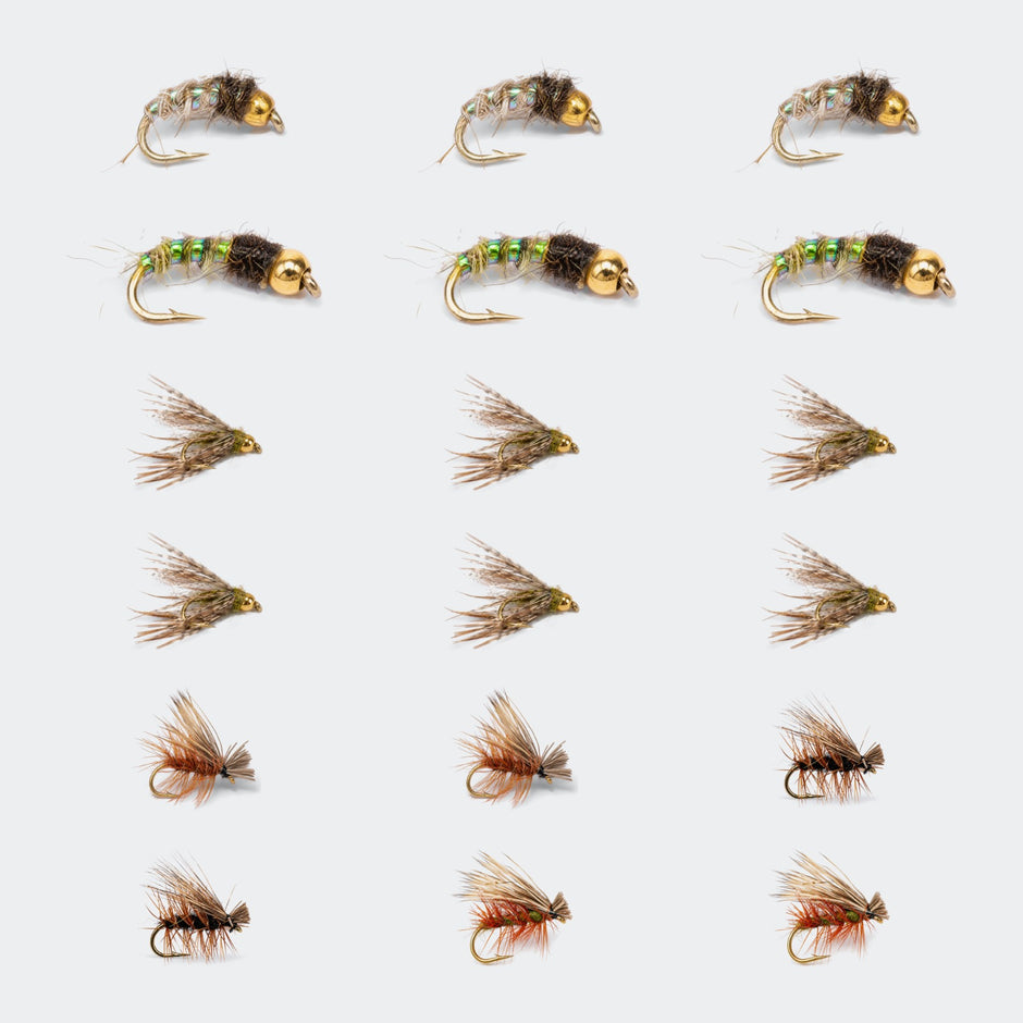 All 18 flies in the Caddis Life Cycle Pack: tan and olive larvae, pupae, and brown, black and olive Elk Hair Caddis
