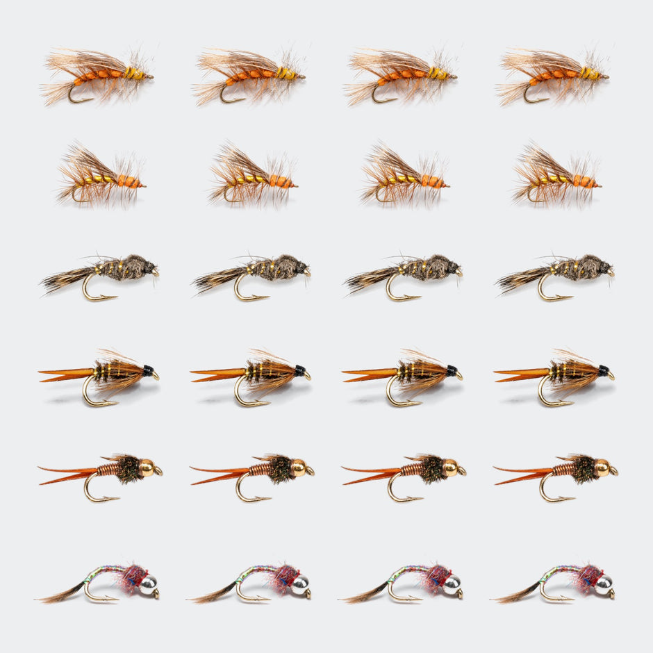All 24 flies in the Dry-Dropper Starter Pack: four each of orange and yellow Stimulators, Hare's Ear, Prince Nymph, Copper John and Rainbow Warrior