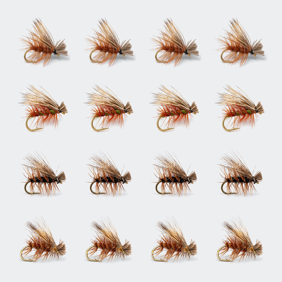 All 16 flies in the Elk Hair Caddis Sampler: four each of brown, olive, black and tan Elk Hair Caddis