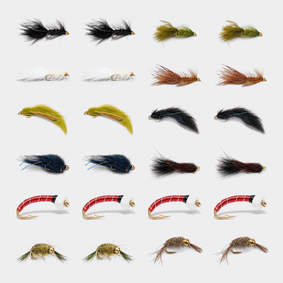 All 24 flies in the Fall Stillwater Collection: Woolly Buggers in four colors, Pine Squirrel and Balanced Leeches, Ice Cream Cone chironomids and scuds