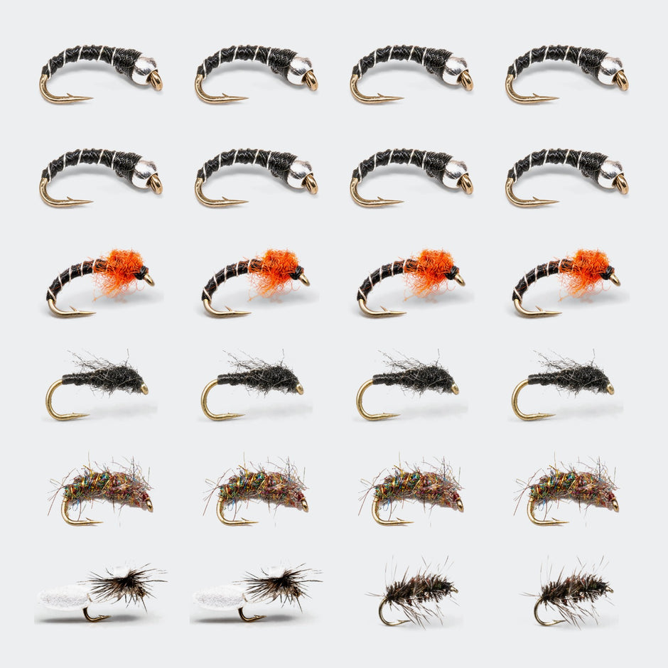 All 24 flies in the Middle Provo selection: Zebra Midges, Top Secret Midges, RS2s, Rainbow Sow Bugs, Mother Shuckers and Griffith Gnats