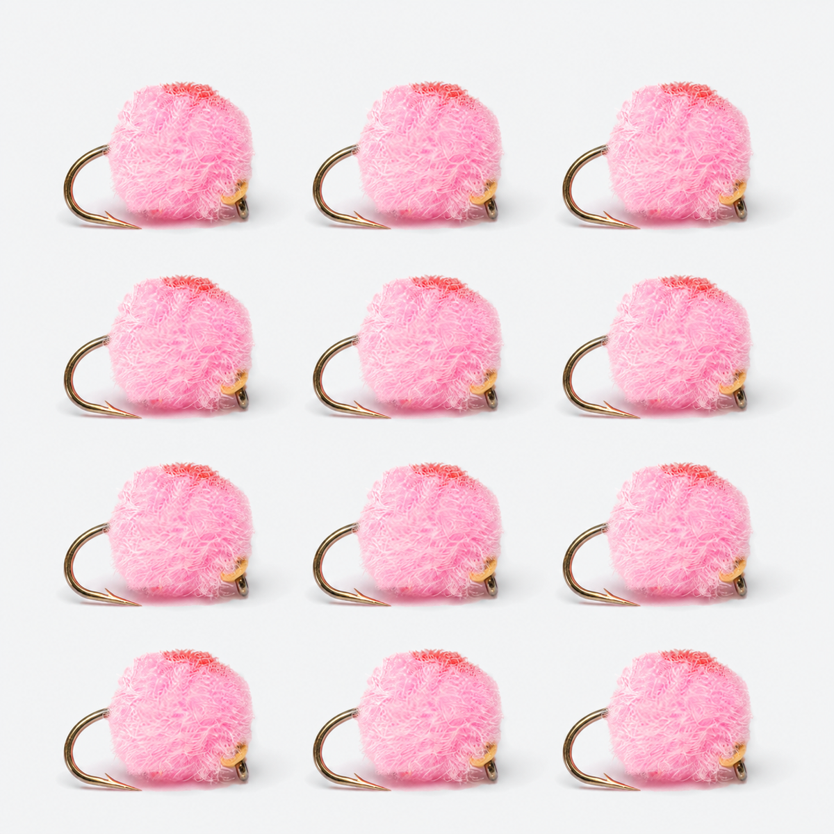 Glo Bug — 12 flies, glo pink pack layout
