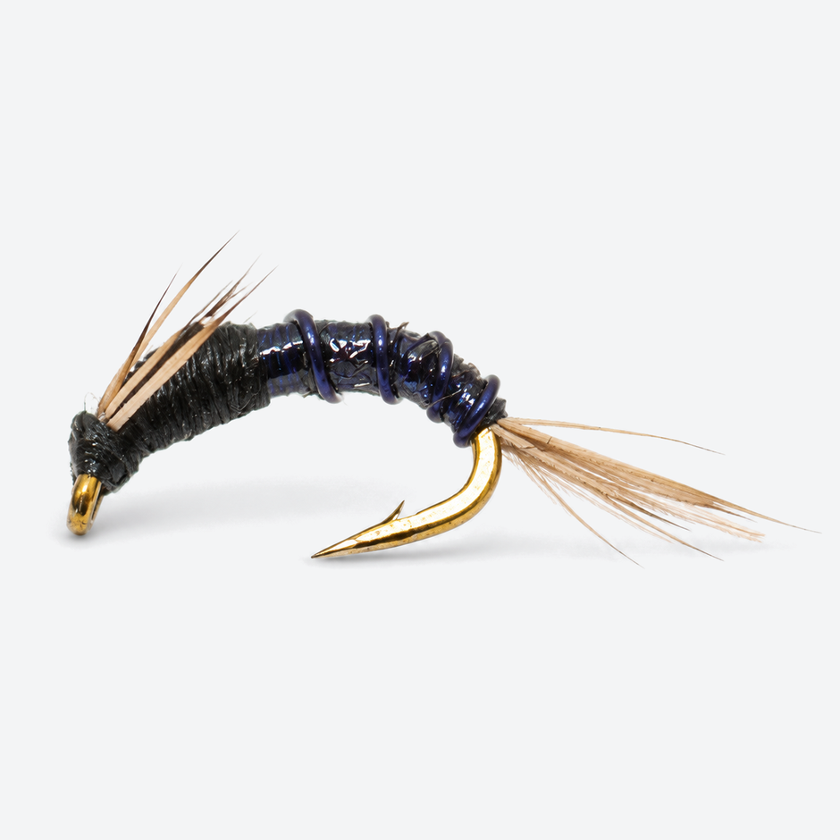 Juju baetis nymph fly on a pale studio background