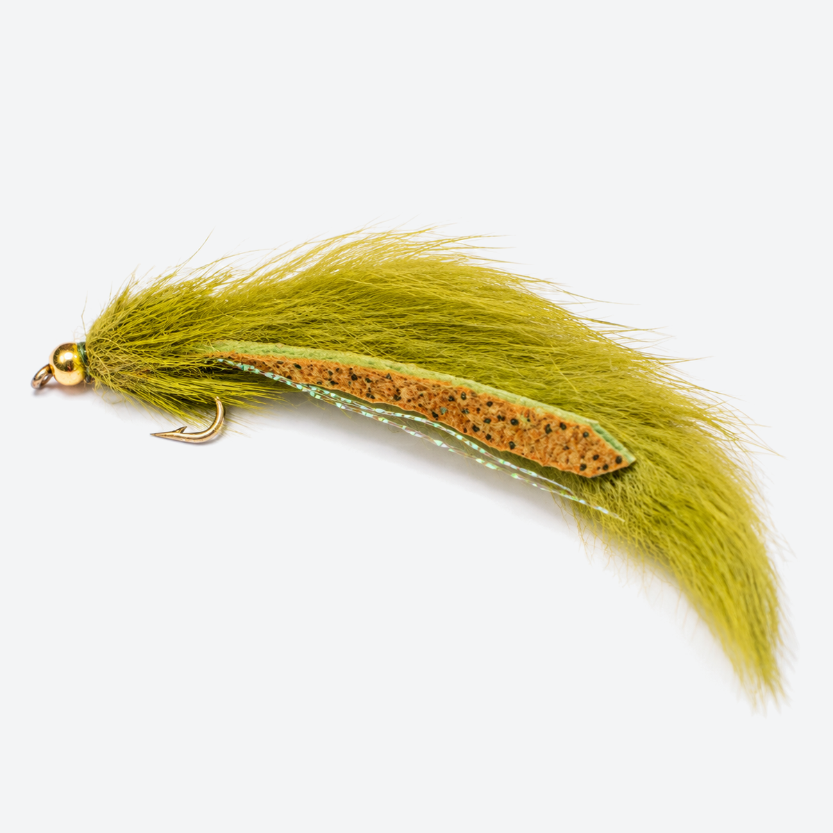 Pine squirrel leech olive fly on a pale studio background