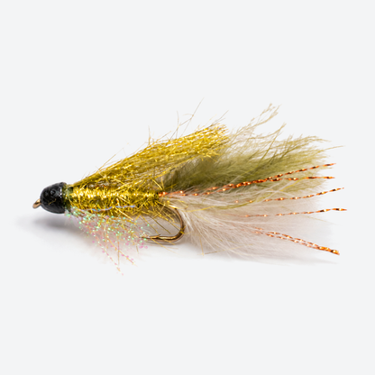 Sparkle minnow olive fly on a pale studio background