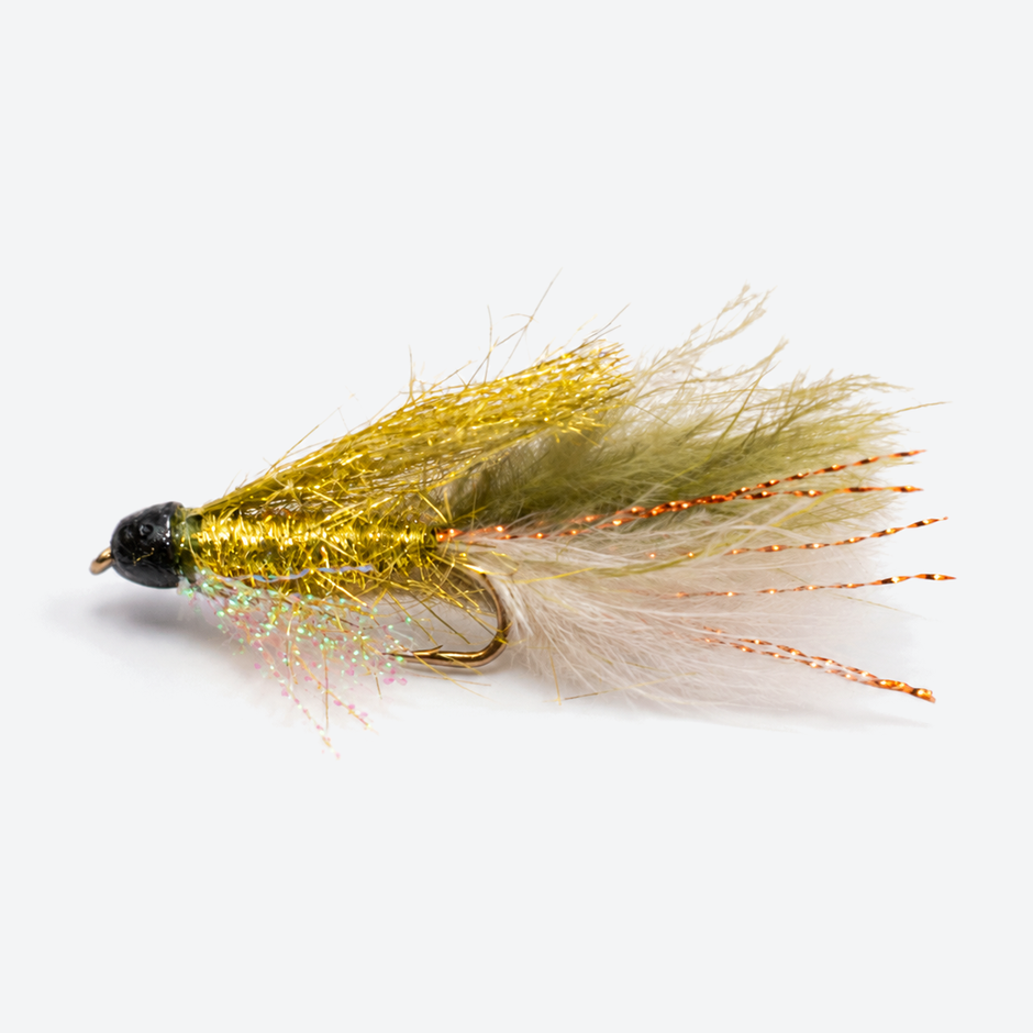 Sparkle minnow olive fly on a pale studio background