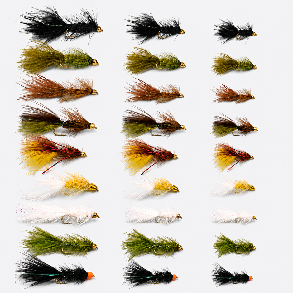 27-fly Woolly Bugger assortment — nine patterns in sizes 6, 8 and 10; all 27 flies pictured